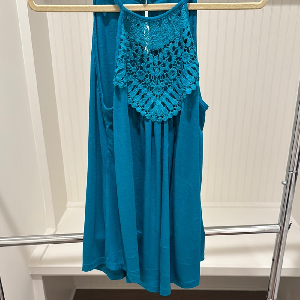 Blue-Green-Teal Sleeveless Crochet Cotton Tank Top with Back Hook Closure